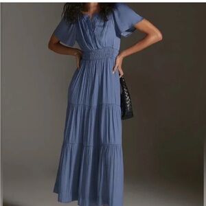 Anthropologie Somerset Dusty Blue Satin Maxi Dress, 1X